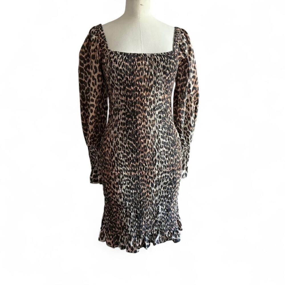 Ganni Leopard Smocked Stretch Dress with Long Sleeves (sz 4) 302